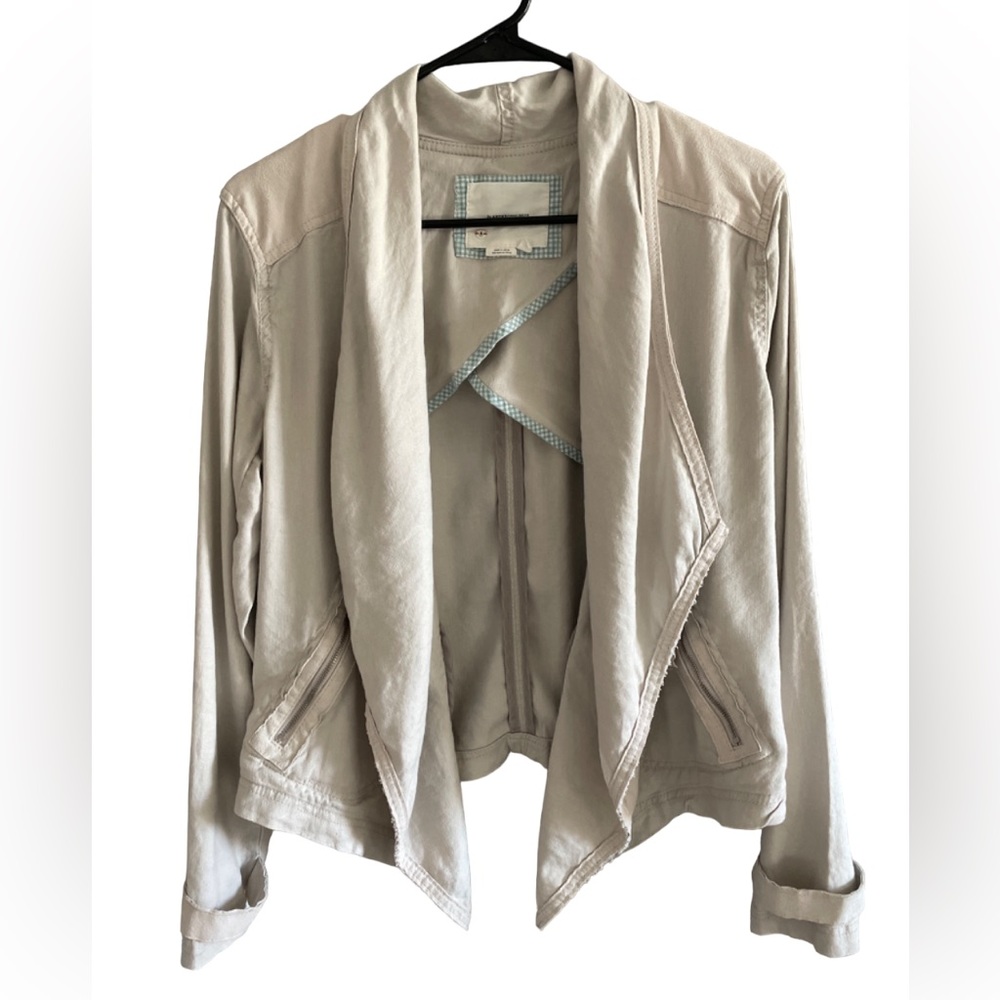Anthropologie Linen Blend Open Drape Front Tan Jacket Women’s Sz M Boho Neutral